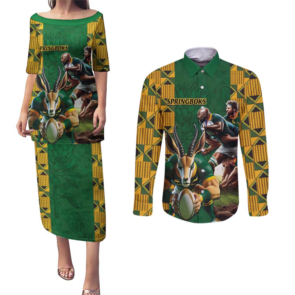 South Africa Rugby Couples Matching Puletasi and Long Sleeve Button Shirt The Springbok Mascot and Rugby Players Fight for Victory - Wonder Print Shop