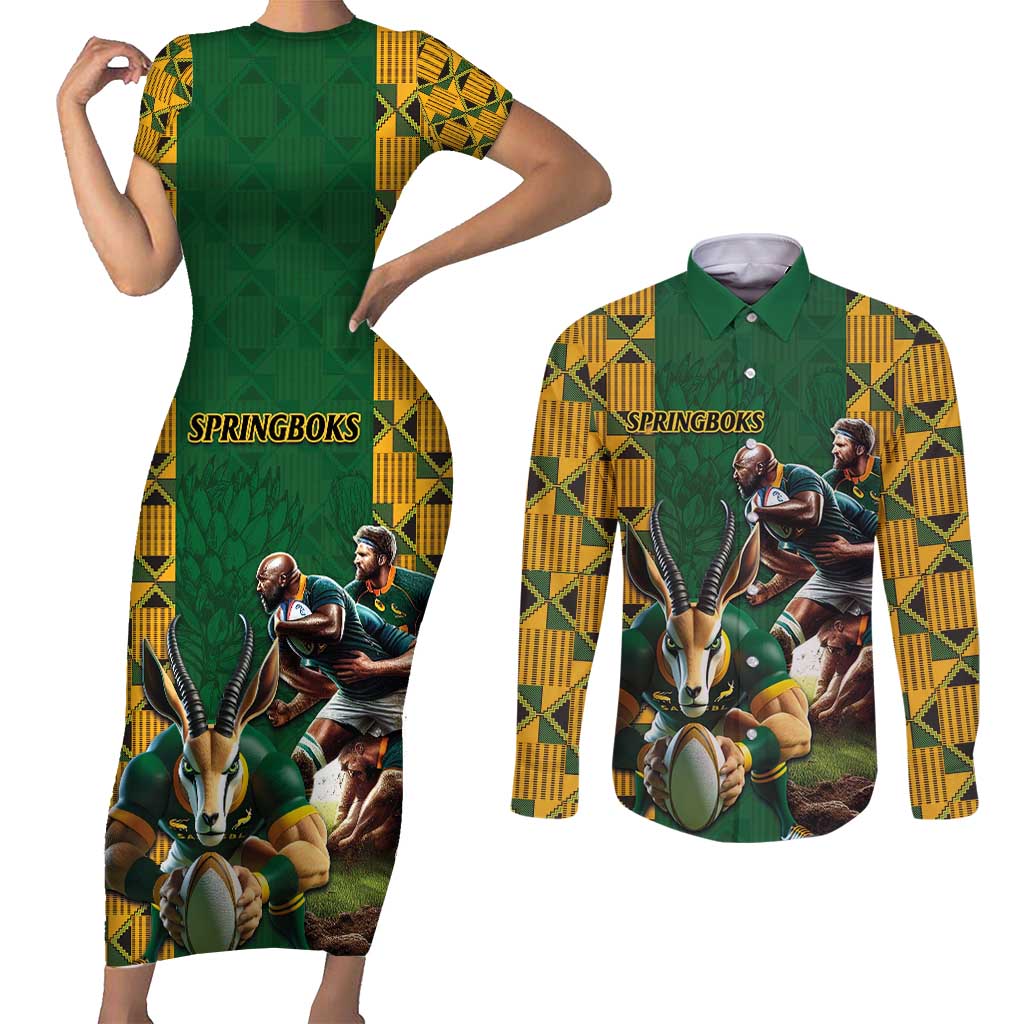 South Africa Rugby Couples Matching Short Sleeve Bodycon Dress and Long Sleeve Button Shirt The Springbok Mascot and Rugby Players Fight for Victory - Wonder Print Shop