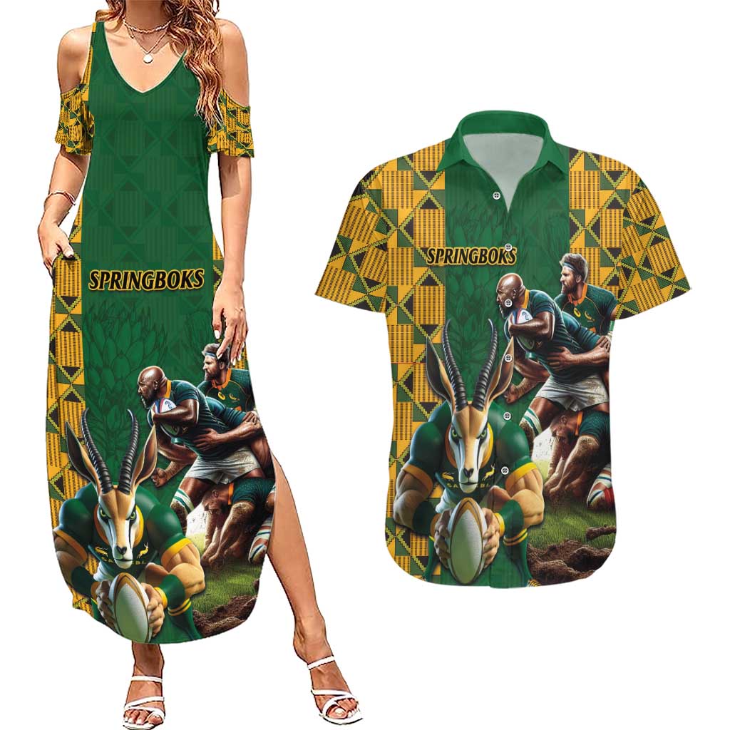 South Africa Rugby Couples Matching Summer Maxi Dress and Hawaiian Shirt The Springbok Mascot and Rugby Players Fight for Victory - Wonder Print Shop