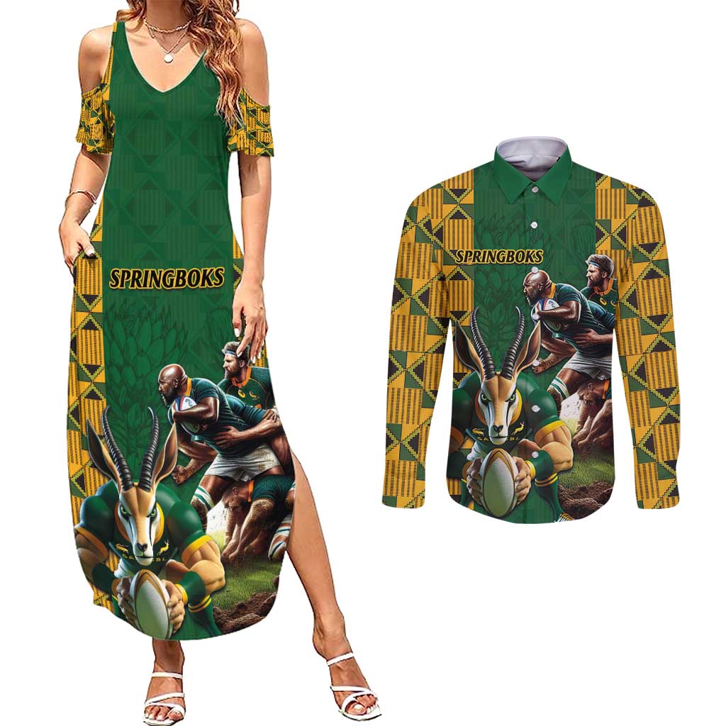 South Africa Rugby Couples Matching Summer Maxi Dress and Long Sleeve Button Shirt The Springbok Mascot and Rugby Players Fight for Victory - Wonder Print Shop