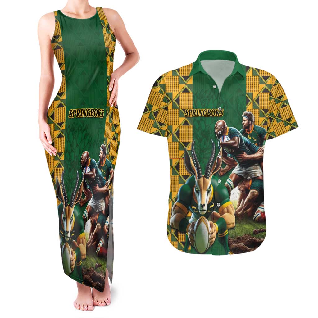 South Africa Rugby Couples Matching Tank Maxi Dress and Hawaiian Shirt The Springbok Mascot and Rugby Players Fight for Victory - Wonder Print Shop