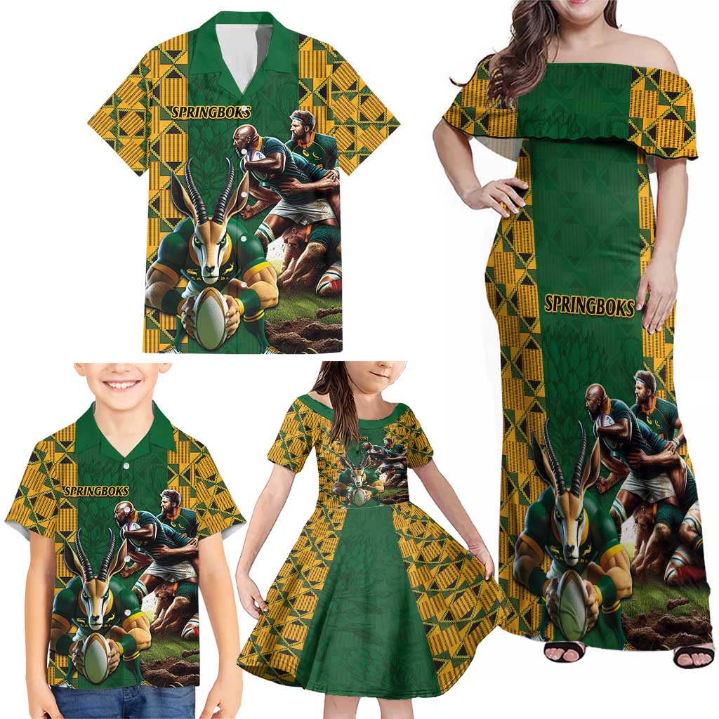 South Africa Rugby Family Matching Off Shoulder Maxi Dress and Hawaiian Shirt The Springbok Mascot and Rugby Players Fight for Victory - Wonder Print Shop