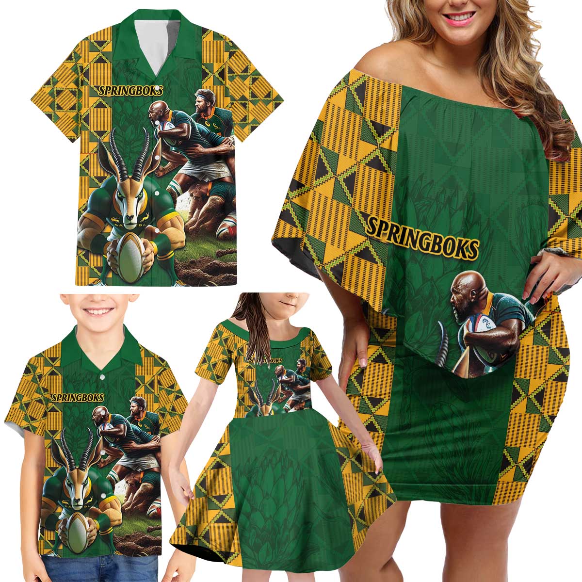 South Africa Rugby Family Matching Off Shoulder Short Dress and Hawaiian Shirt The Springbok Mascot and Rugby Players Fight for Victory - Wonder Print Shop