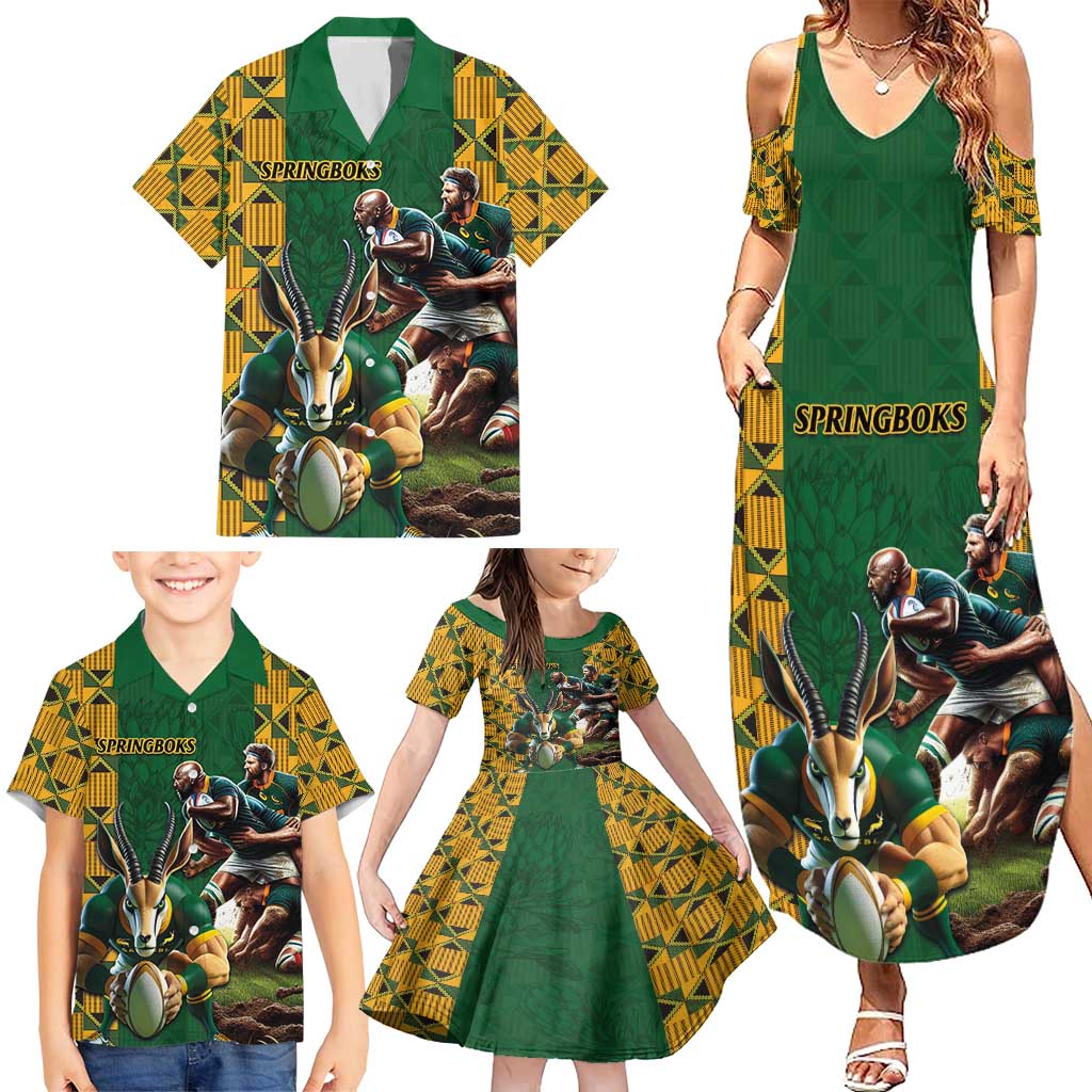 South Africa Rugby Family Matching Summer Maxi Dress and Hawaiian Shirt The Springbok Mascot and Rugby Players Fight for Victory - Wonder Print Shop