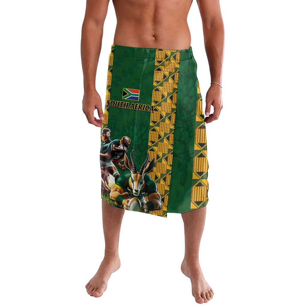 Men's green rugby lavalava with yellow geometric side panel and mascot graphic