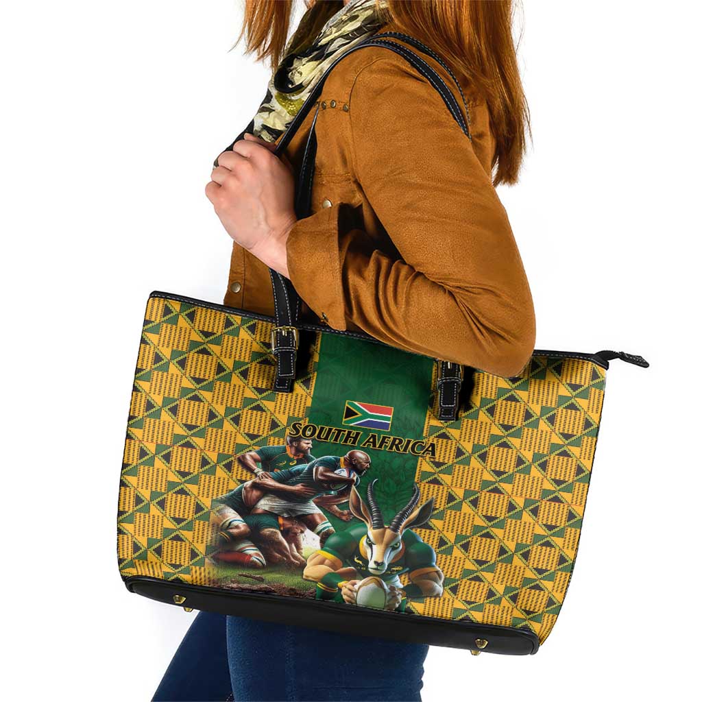 South Africa Rugby Leather Tote Bag The Springbok Mascot and Rugby Players Fight for Victory - Wonder Print Shop