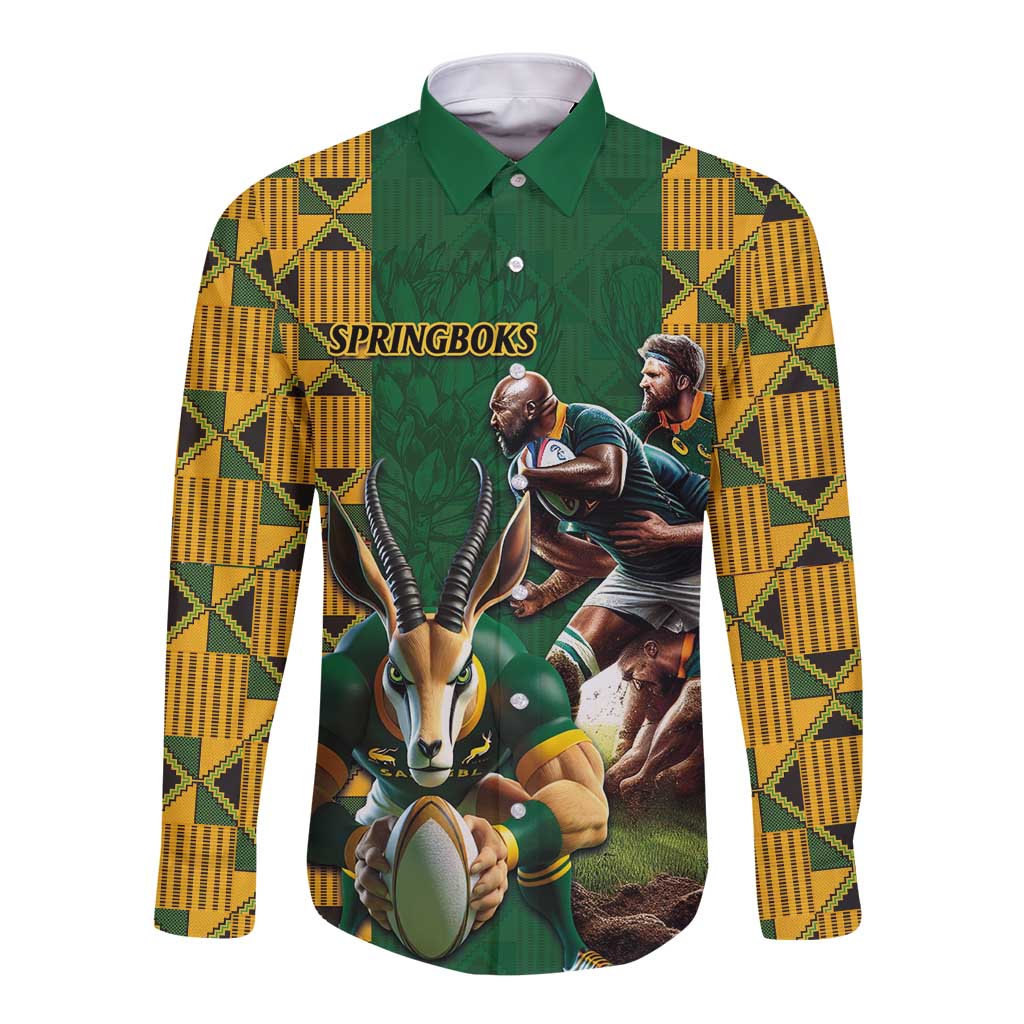 South Africa Rugby Long Sleeve Button Shirt The Springbok Mascot and Rugby Players Fight for Victory - Wonder Print Shop