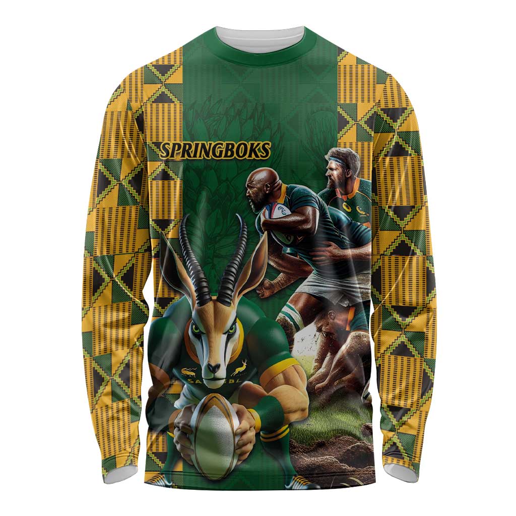 South Africa Rugby Long Sleeve Shirt The Springbok Mascot and Rugby Players Fight for Victory - Wonder Print Shop