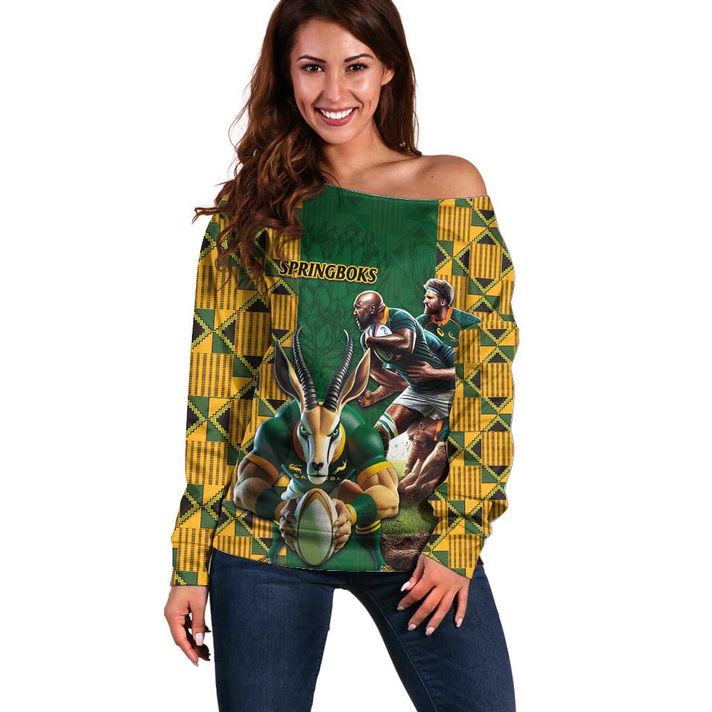 South Africa Rugby Off Shoulder Sweater The Springbok Mascot and Rugby Players Fight for Victory - Wonder Print Shop