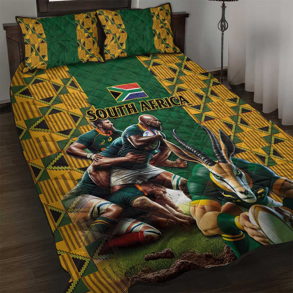 South Africa Rugby Quilt Bed Set The Springbok Mascot and Rugby Players Fight for Victory - Wonder Print Shop