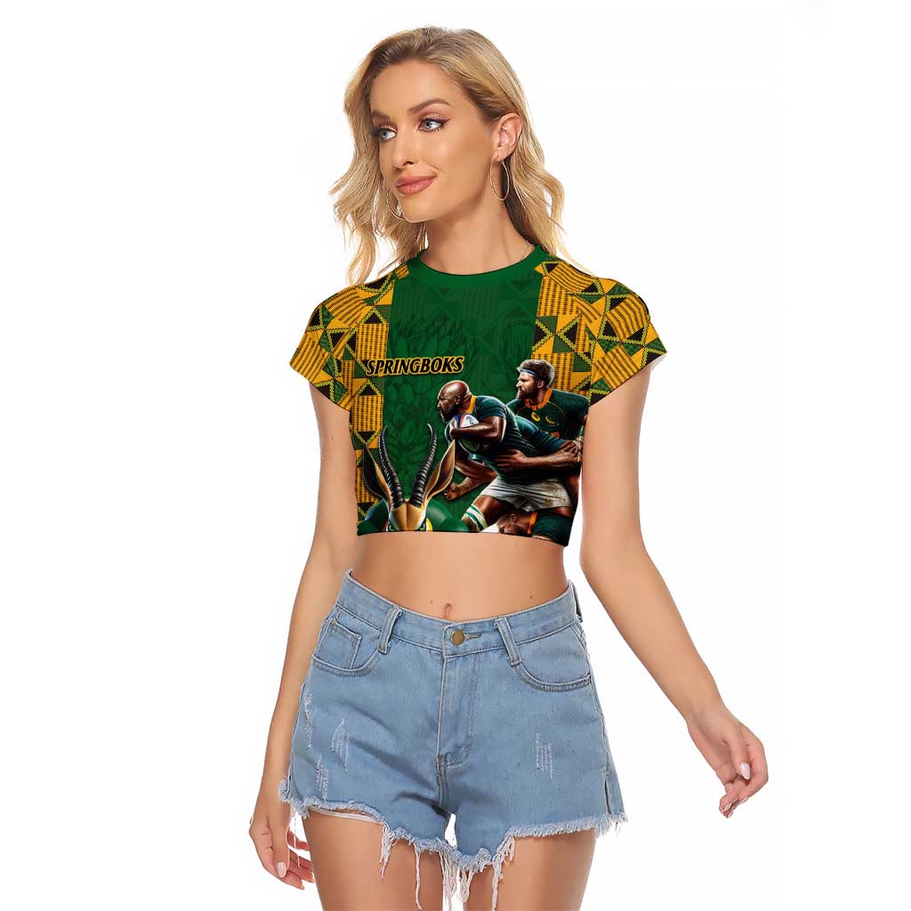 South Africa Rugby Raglan Cropped T Shirt The Springbok Mascot and Rugby Players Fight for Victory - Wonder Print Shop