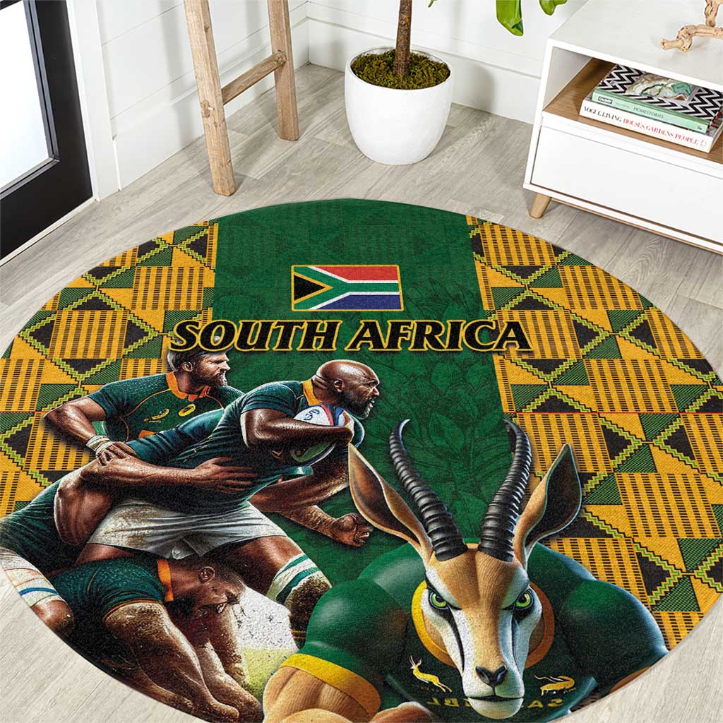 South Africa Rugby Round Carpet The Springbok Mascot and Rugby Players Fight for Victory