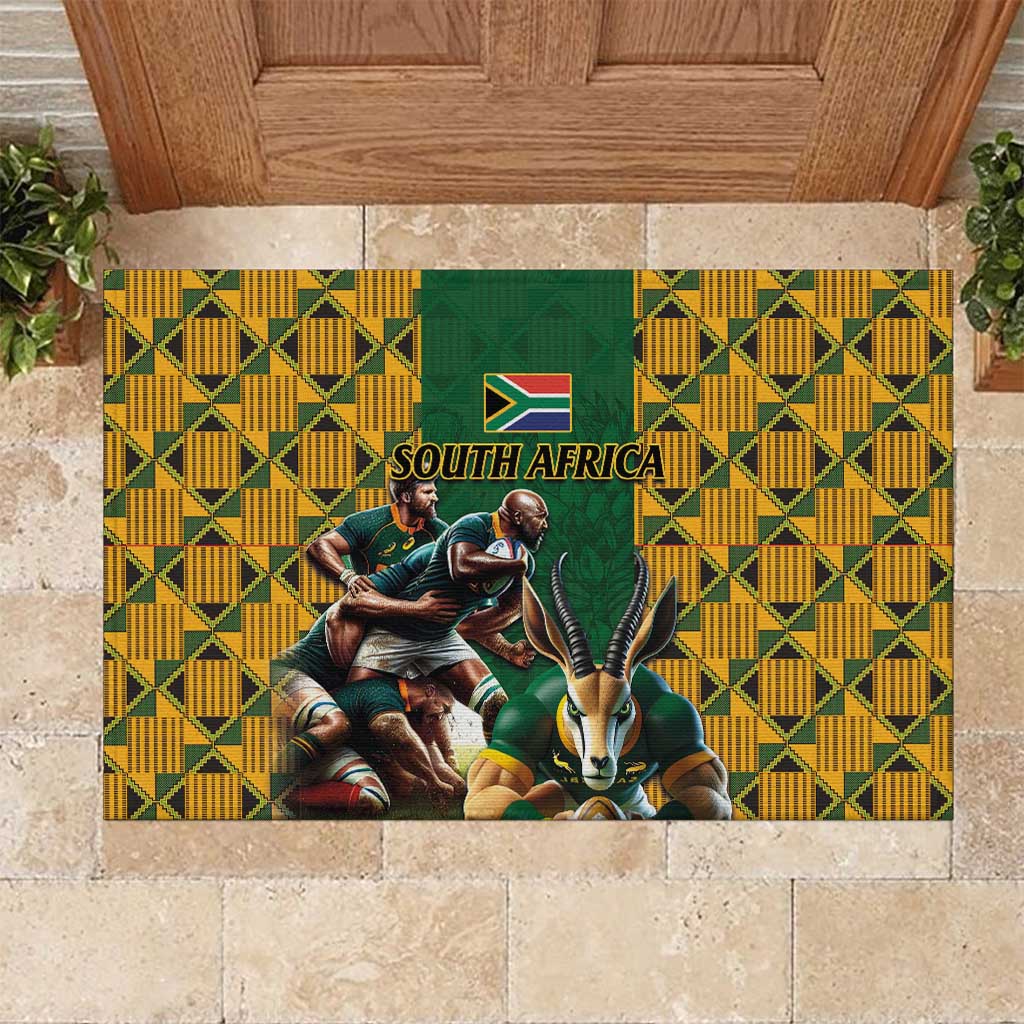 South Africa Rugby Rubber Doormat The Springbok Mascot and Rugby Players Fight for Victory - Wonder Print Shop