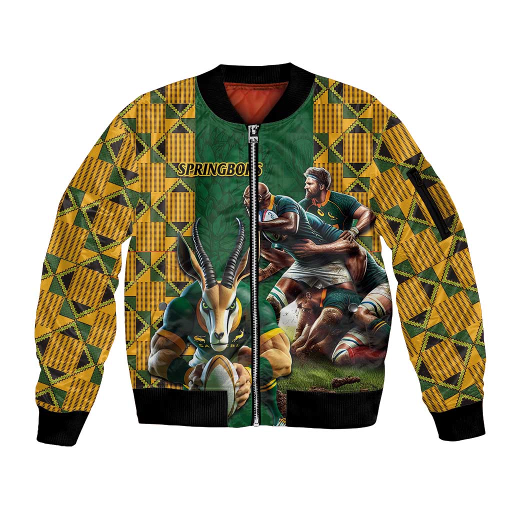 South Africa Rugby Sleeve Zip Bomber Jacket The Springbok Mascot and Rugby Players Fight for Victory - Wonder Print Shop