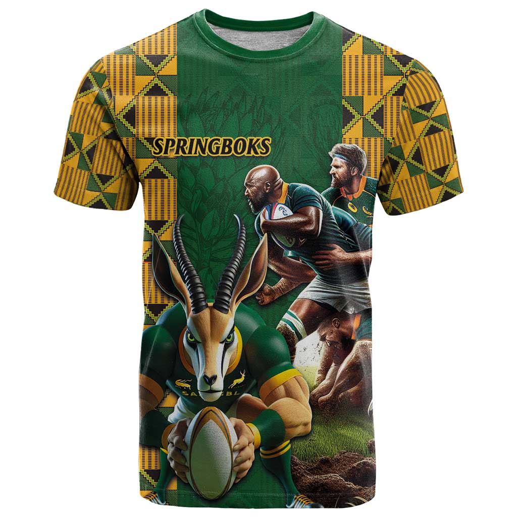 South Africa Rugby T Shirt The Springbok Mascot and Rugby Players Fight for Victory - Wonder Print Shop