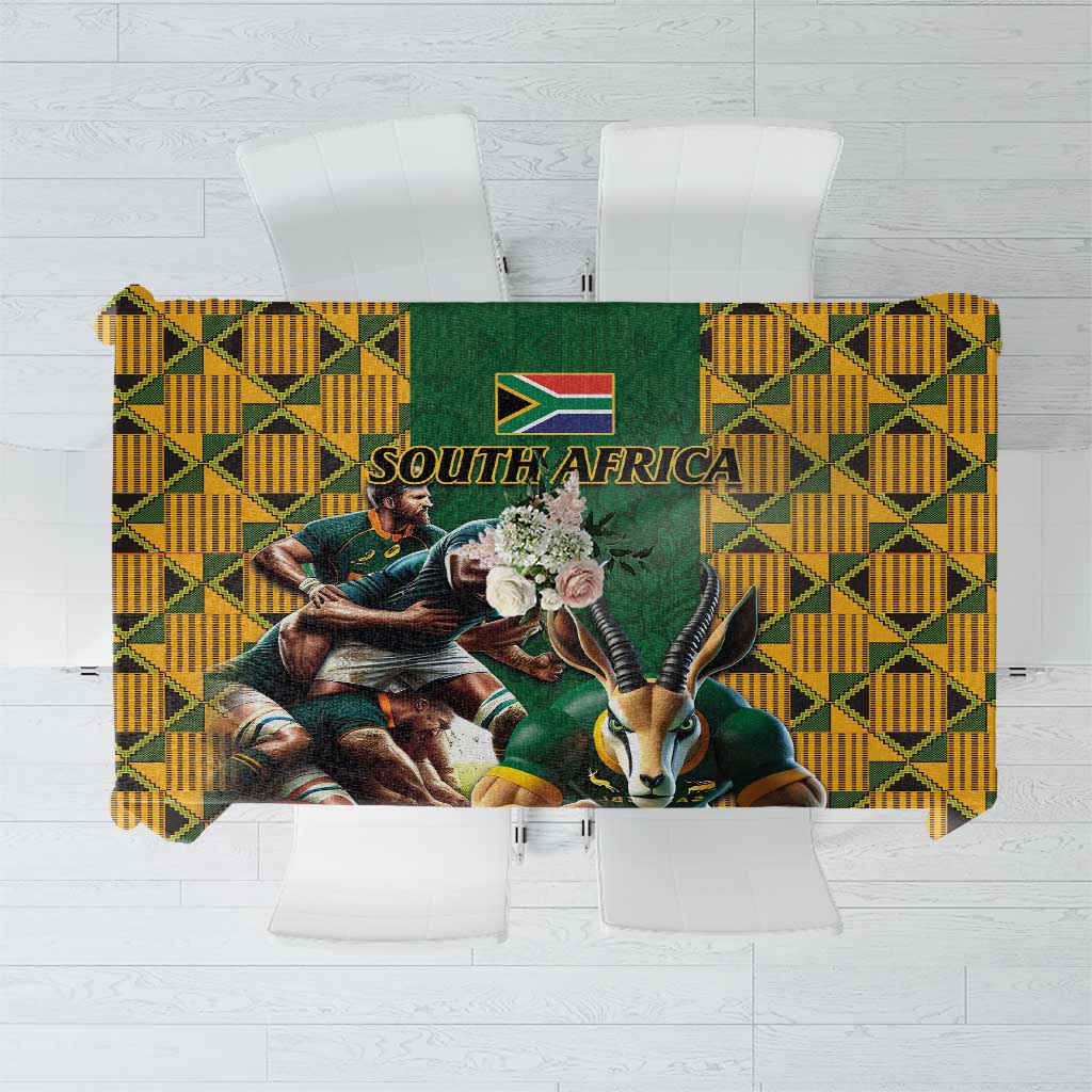 Yellow and green rugby tablecloth with Springbok mascot, players, and South Africa flag
