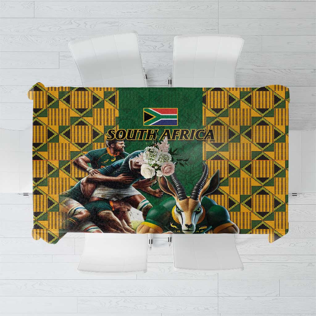 South Africa Rugby Tablecloth The Springbok Mascot and Rugby Players Fight for Victory