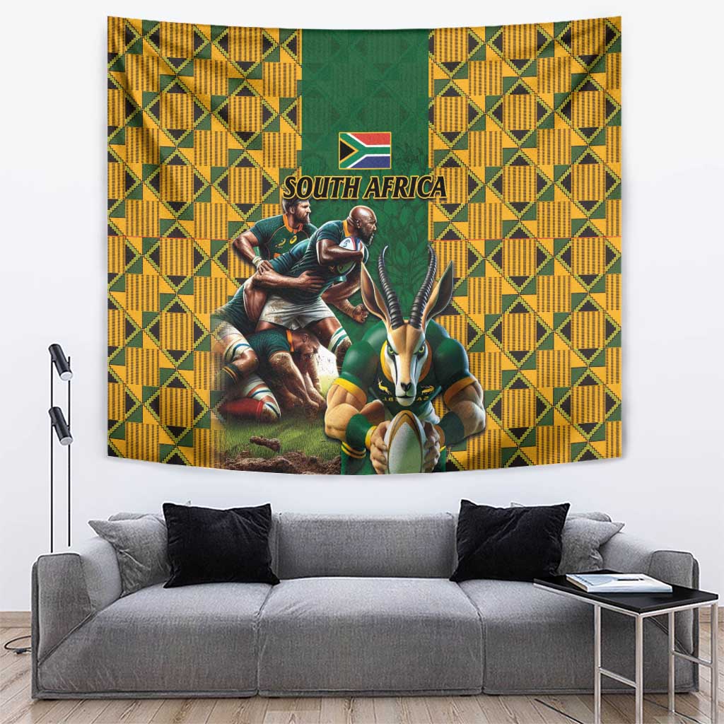 South Africa Rugby Tapestry The Springbok Mascot and Rugby Players Fight for Victory