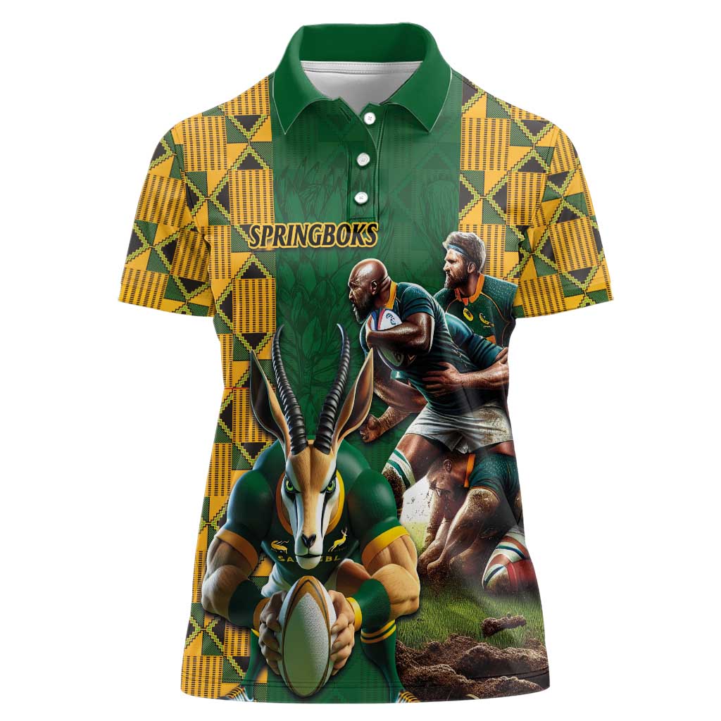 South Africa Rugby Women Polo Shirt The Springbok Mascot and Rugby Players Fight for Victory