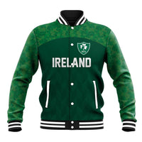 Green baseball jacket with striped collar, front zipper, Ireland IRFU crest and text