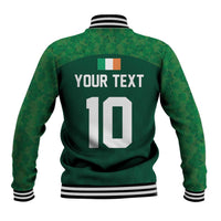 Green baseball jacket back with striped collar, "YOUR TEXT 10" graphic