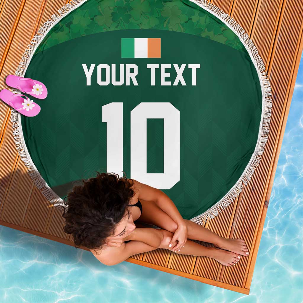 Green round beach blanket with fringe, custom 'Your Text' and 10 with Ireland flag