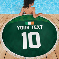 Green round beach blanket with fringe, custom 'Your Text' and 10 on green fabric
