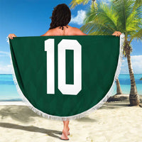 Green round beach blanket with fringe, custom 'Your Text' and 10 displayed on panel