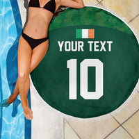 Green round beach blanket with fringe, custom 'Your Text' and 10 with Ireland flag