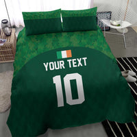 Green duvet and pillowcases with 'YOUR TEXT' and large '10' front print