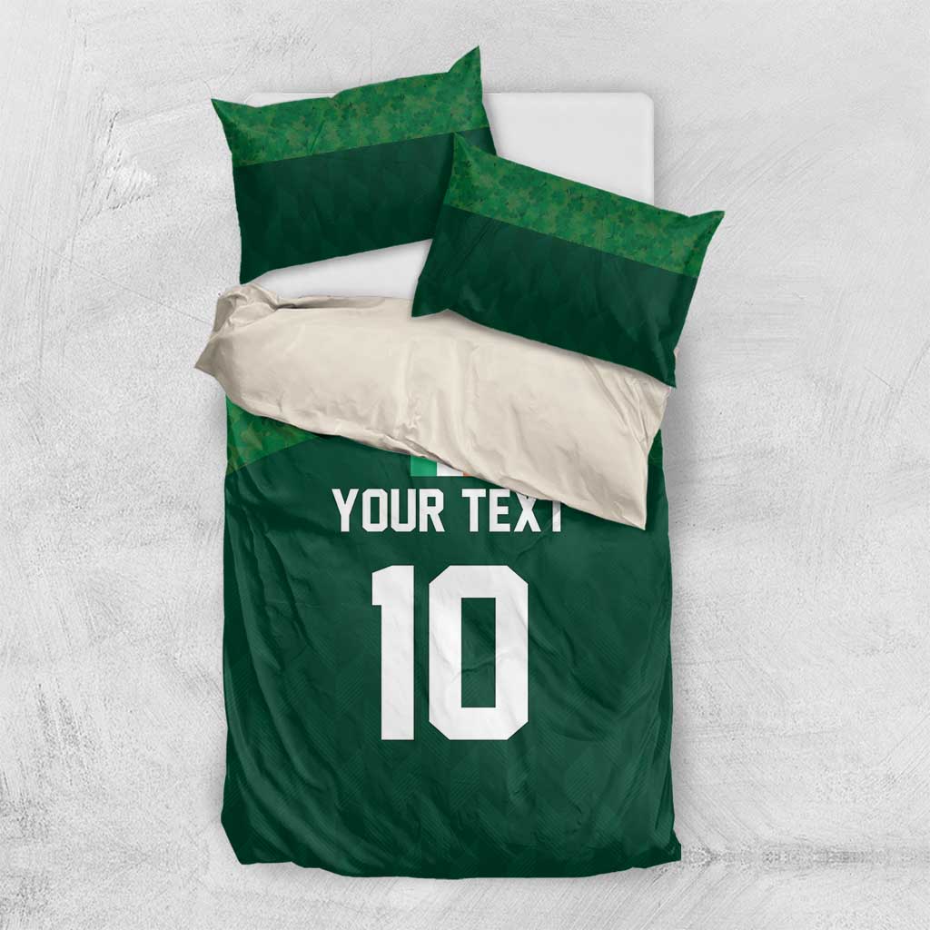 Green bedding set with 'YOUR TEXT' and large '10' on duvet and matching pillows