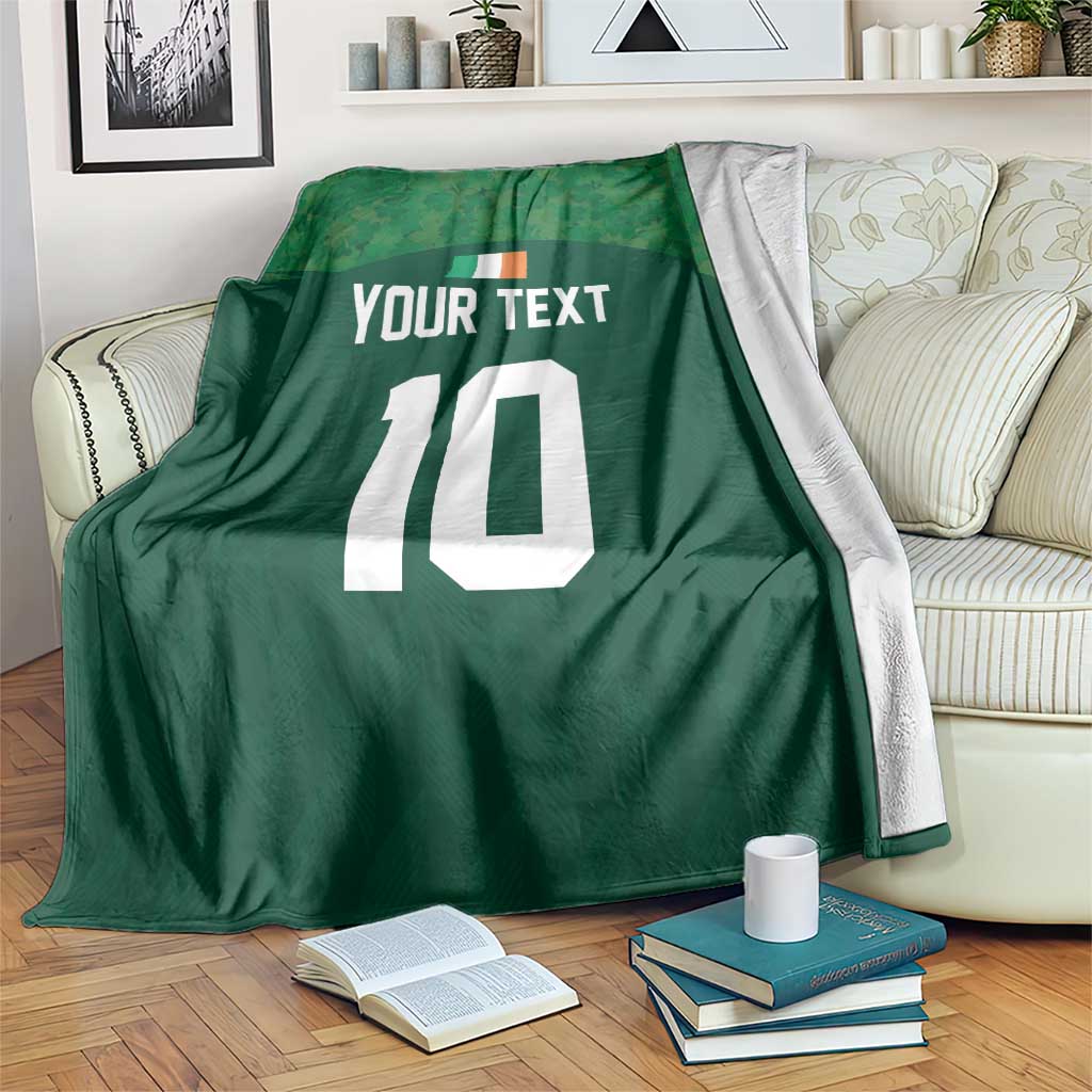 Green rugby-style blanket with 'YOUR TEXT' and large white '10' on front