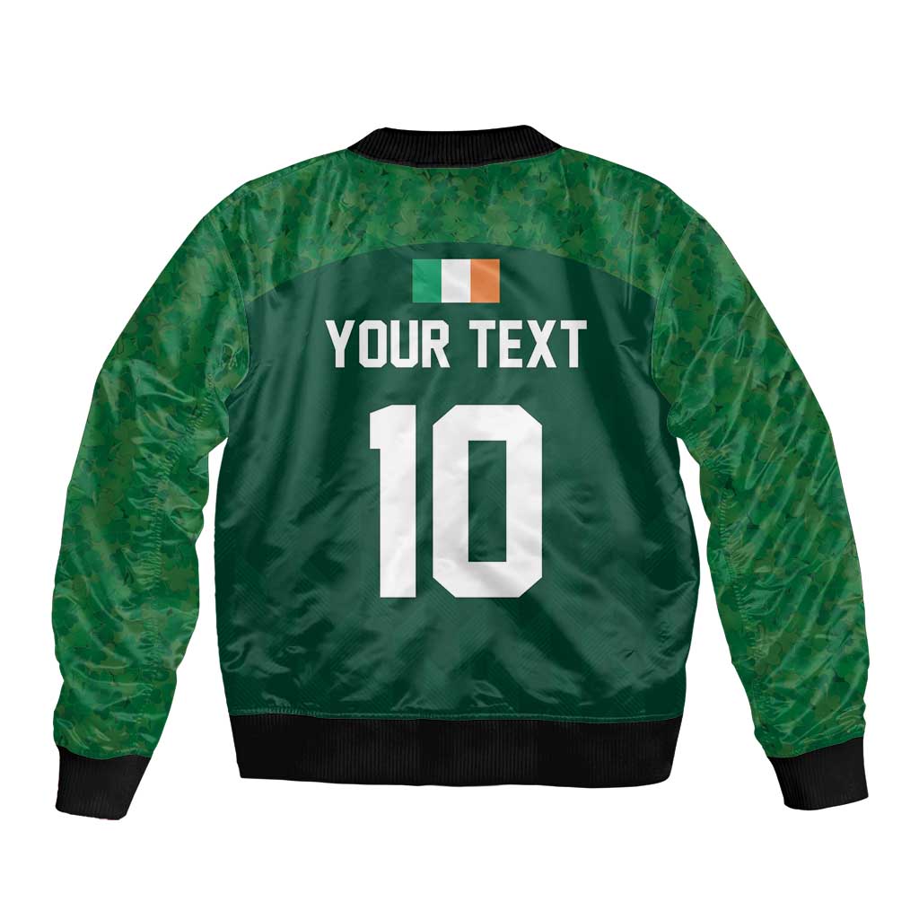 Green bomber jacket back, custom text and number 10, ribbed hem and cuffs