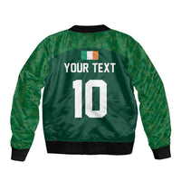 Green bomber jacket back, custom text and number 10, ribbed hem and cuffs