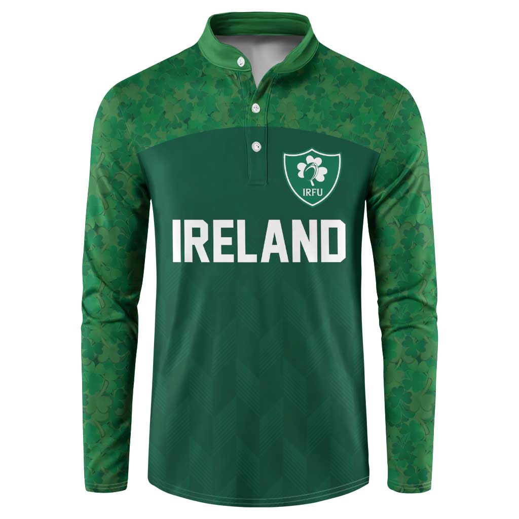 Green rugby button sweatshirt with IRFU crest and IRELAND front print