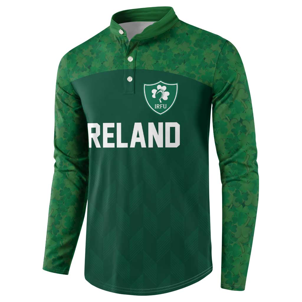 Green rugby button sweatshirt with IRFU crest and IRELAND chest text
