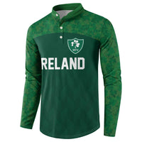 Green rugby button sweatshirt with IRFU crest and IRELAND chest text