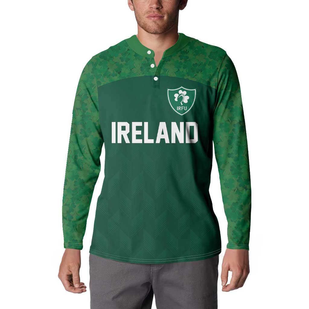 Green rugby button sweatshirt with collared placket, IRFU crest, IRELAND front