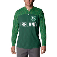 Green rugby button sweatshirt with collared placket, IRFU crest, IRELAND front