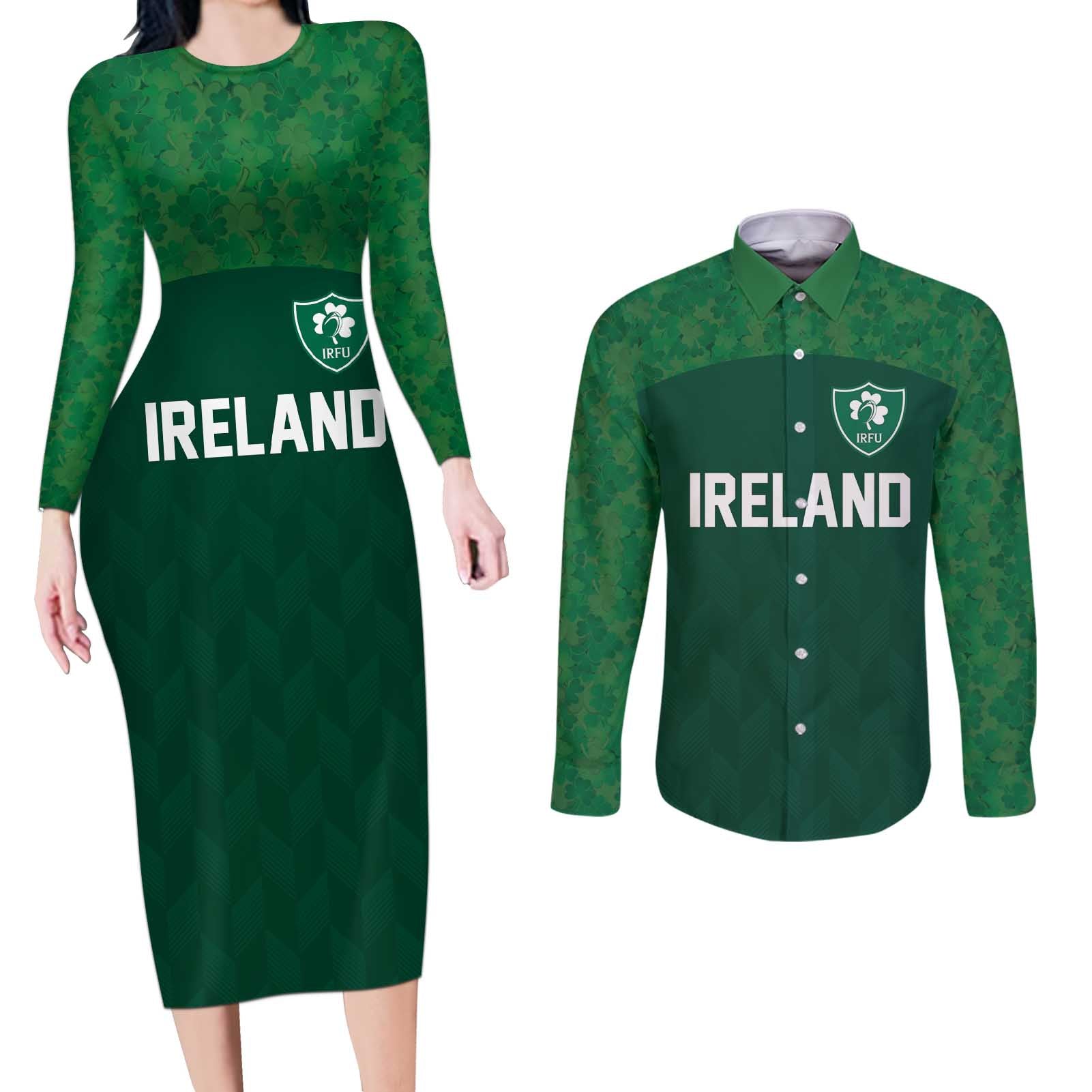 Custom Ireland Rugby Go Shamrocks Couples Matching Long Sleeve Bodycon Dress and Long Sleeve Button Shirt - Wonder Print Shop