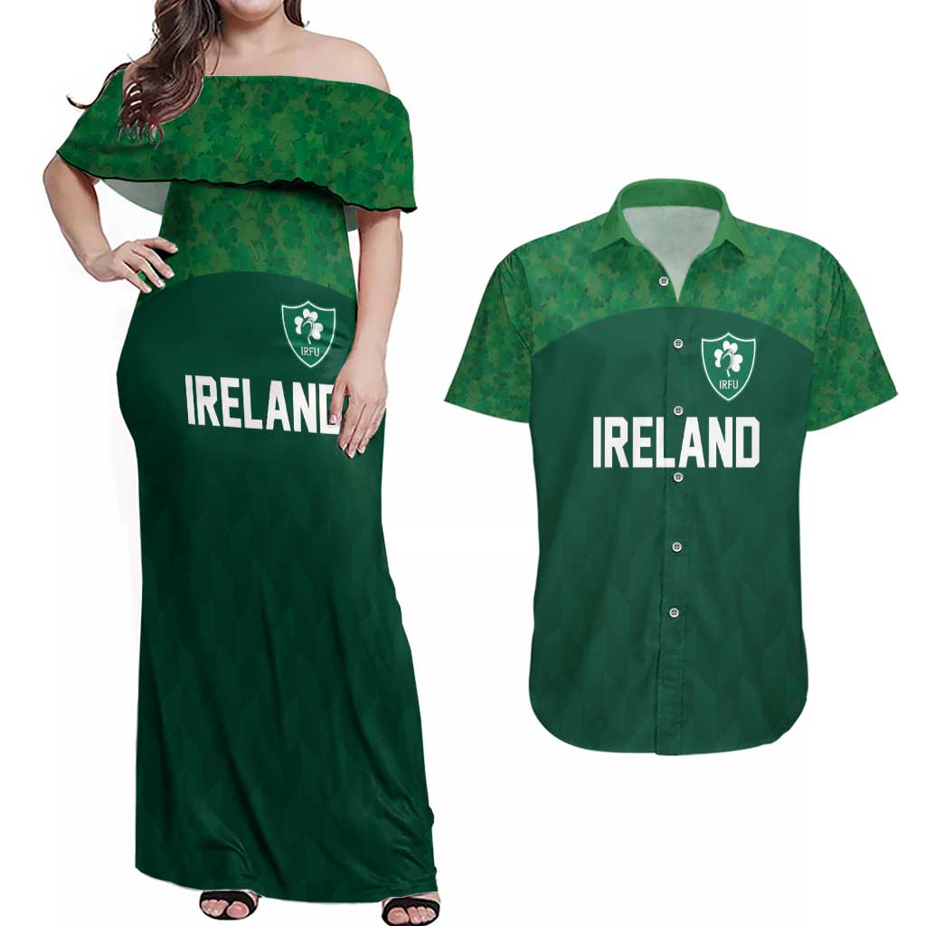 Custom Ireland Rugby Go Shamrocks Couples Matching Off Shoulder Maxi Dress and Hawaiian Shirt - Wonder Print Shop