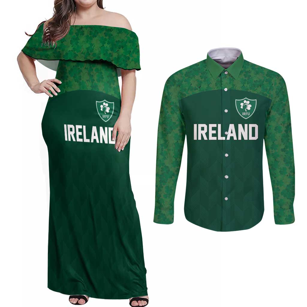 Custom Ireland Rugby Go Shamrocks Couples Matching Off Shoulder Maxi Dress and Long Sleeve Button Shirt - Wonder Print Shop