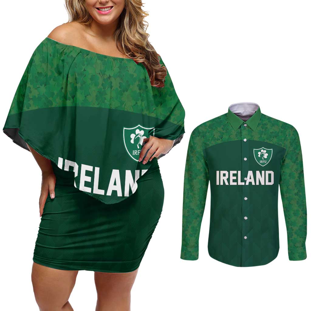 Custom Ireland Rugby Go Shamrocks Couples Matching Off Shoulder Short Dress and Long Sleeve Button Shirt - Wonder Print Shop