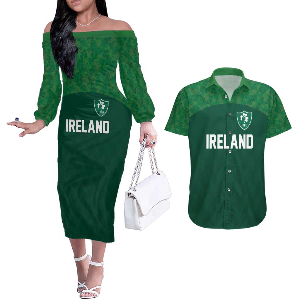 Custom Ireland Rugby Go Shamrocks Couples Matching Off The Shoulder Long Sleeve Dress and Hawaiian Shirt - Wonder Print Shop