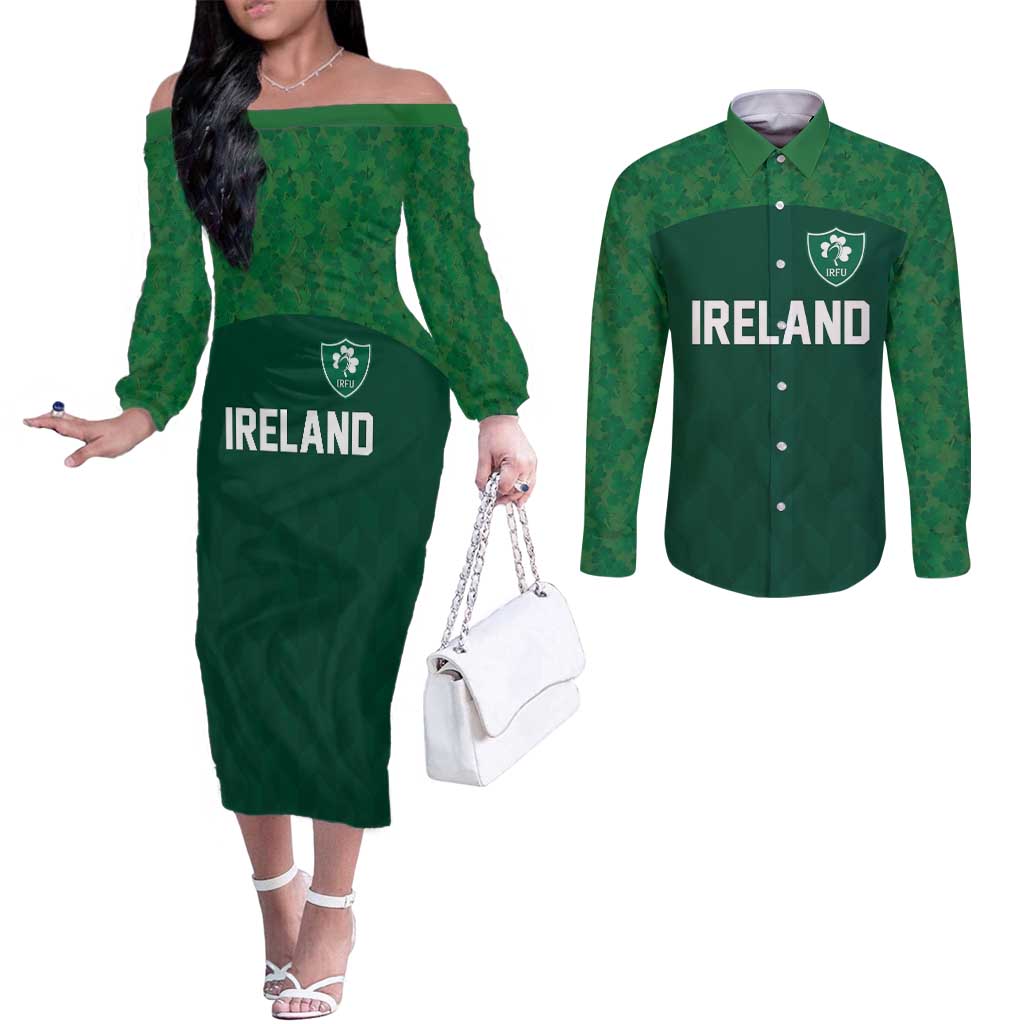 Custom Ireland Rugby Go Shamrocks Couples Matching Off The Shoulder Long Sleeve Dress and Long Sleeve Button Shirt