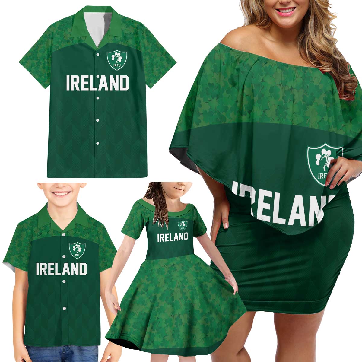 Custom Ireland Rugby Go Shamrocks Family Matching Off Shoulder Short Dress and Hawaiian Shirt - Wonder Print Shop