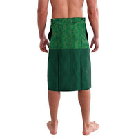 Green rugby wrap skirt with elastic waistband, back view, side pleats
