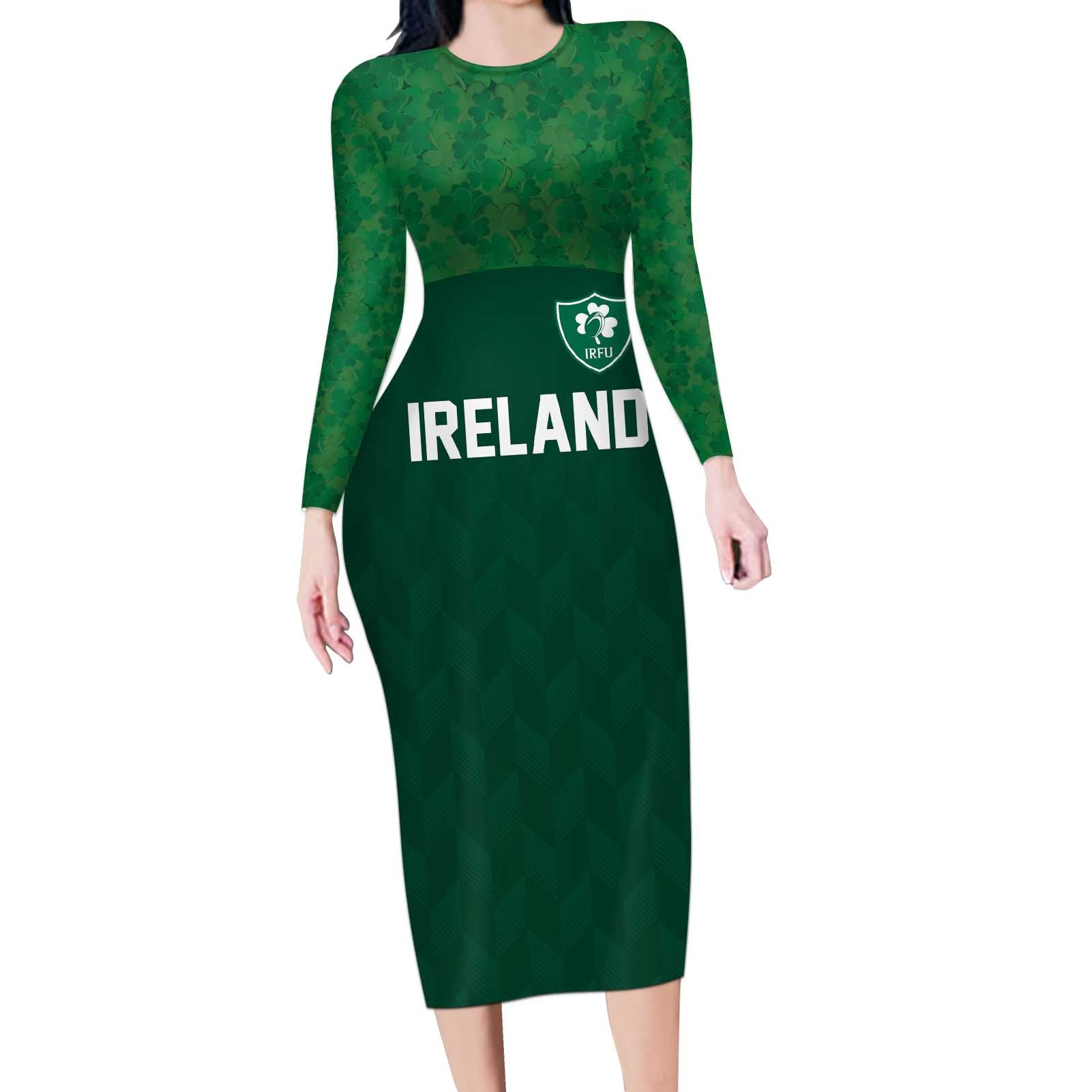 Custom Ireland Rugby Go Shamrocks Long Sleeve Bodycon Dress - Wonder Print Shop