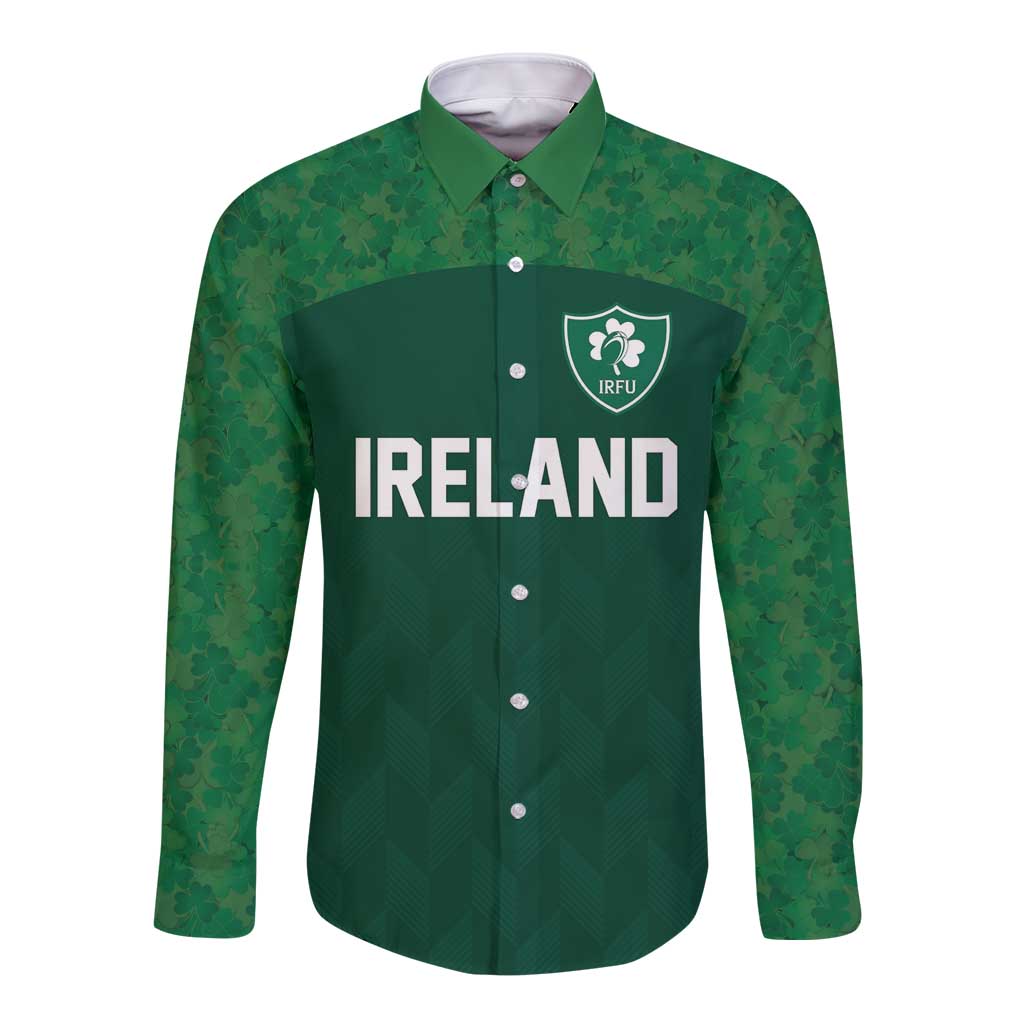Green long-sleeve rugby button shirt with Ireland print and IRFU crest