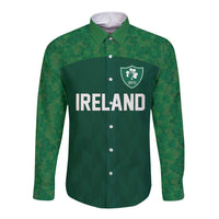 Green long-sleeve rugby button shirt with Ireland print and IRFU crest